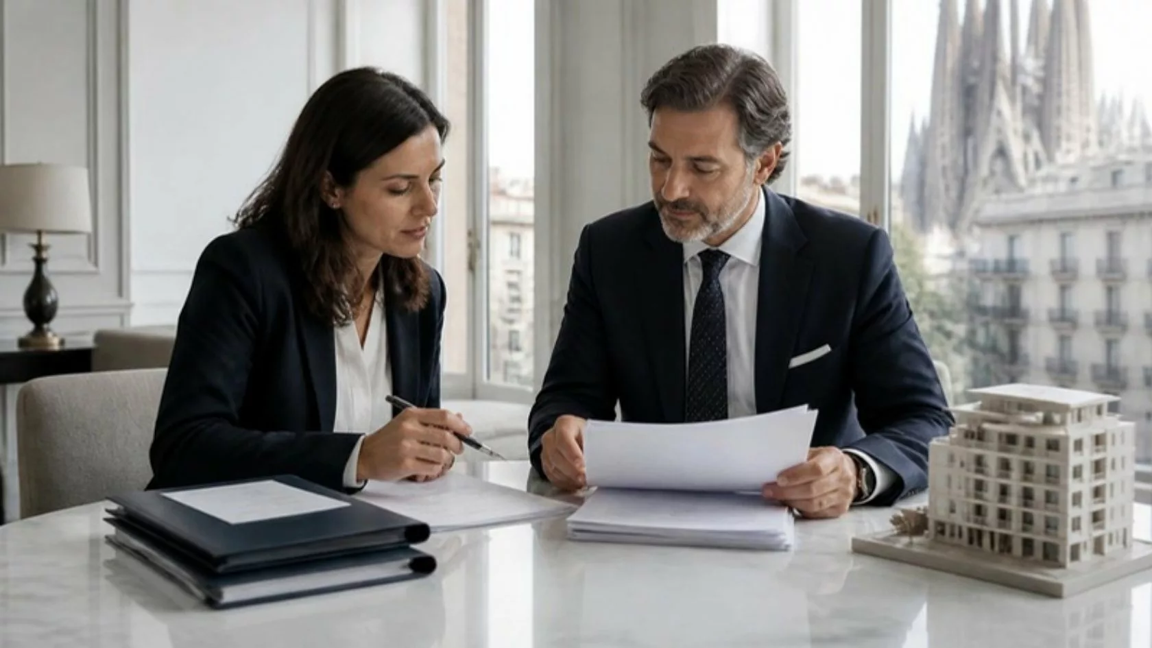 Abogado e inversora revisando documentación sobre la ley de servicers de NPL en una oficina de Barcelona