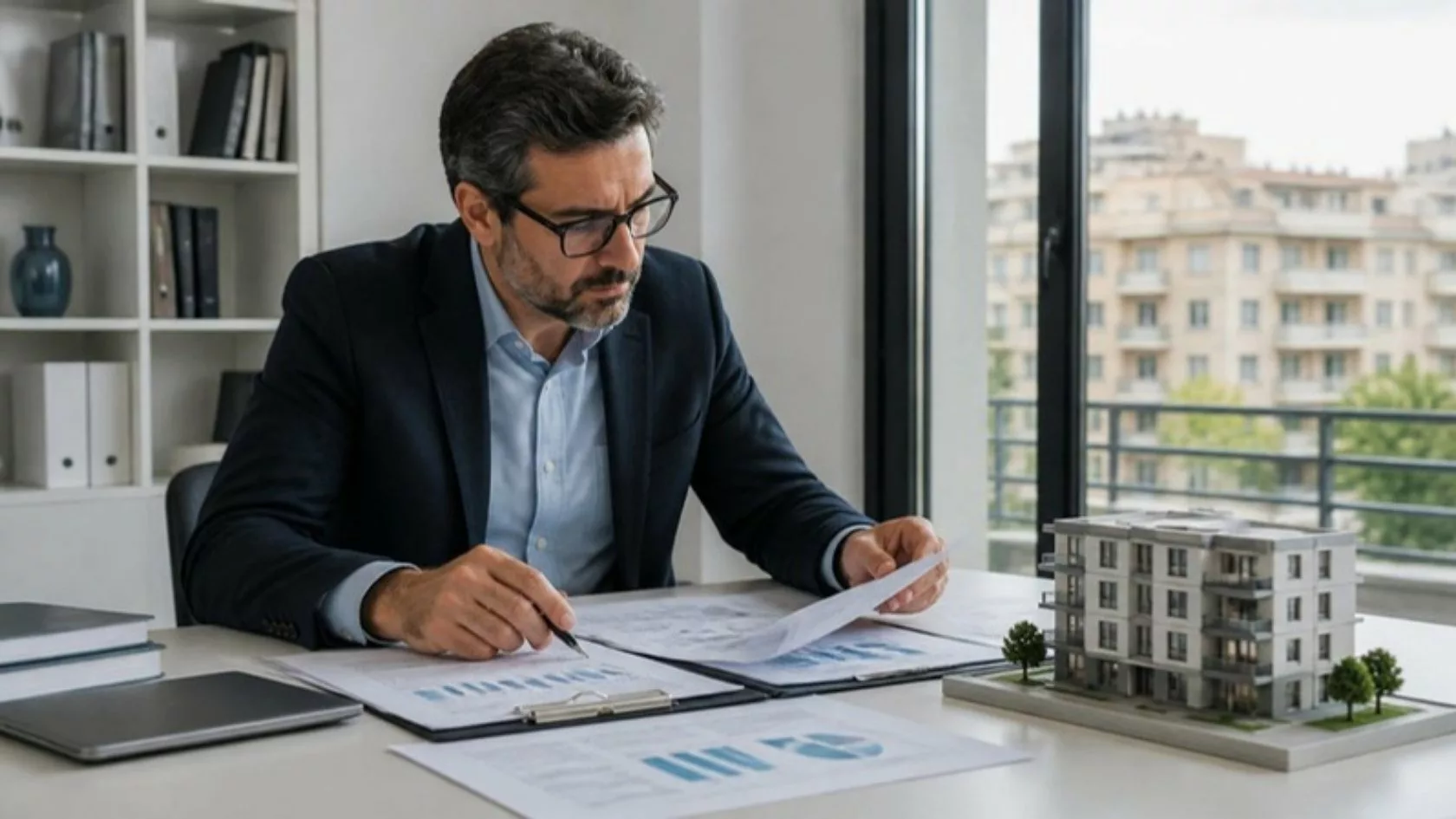 Profesional revisando documentos de tasación junto a una maqueta de edificio para valorar la garantía inmobiliaria